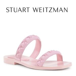 Stuart Weitzman Pink Open Square Toe Double Strap Floral Flat Sandal ROSITA